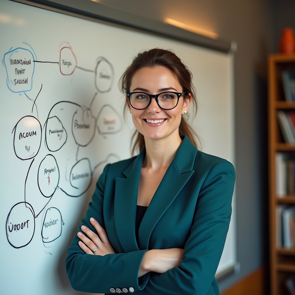 Prowadząca webinary kobieta w okularach przy tablicy z diagramem